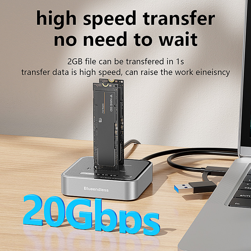 Blueendless Dual-Bay M.2 NVME SSD Clone M.2 NVme SSD reader 20Gbps USB3.2 Type C OFFline Clone