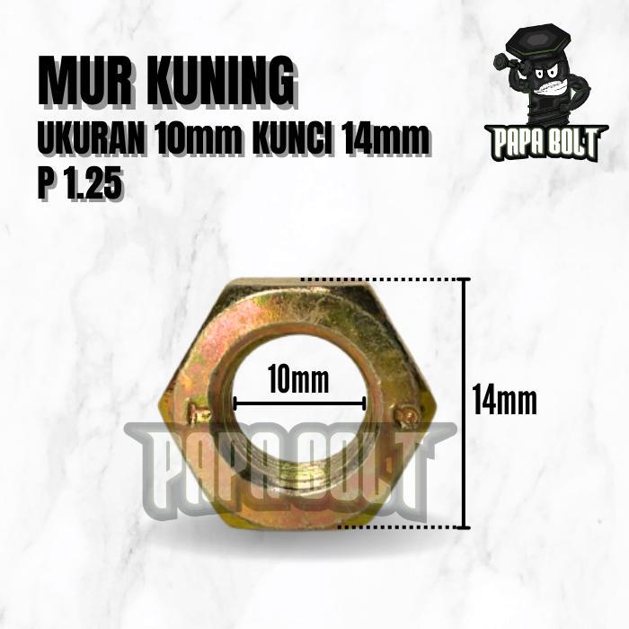 Mur Hexagon Kuning M10 / 10mm Kunci 14 mm P 1.25 / Nut Kuning