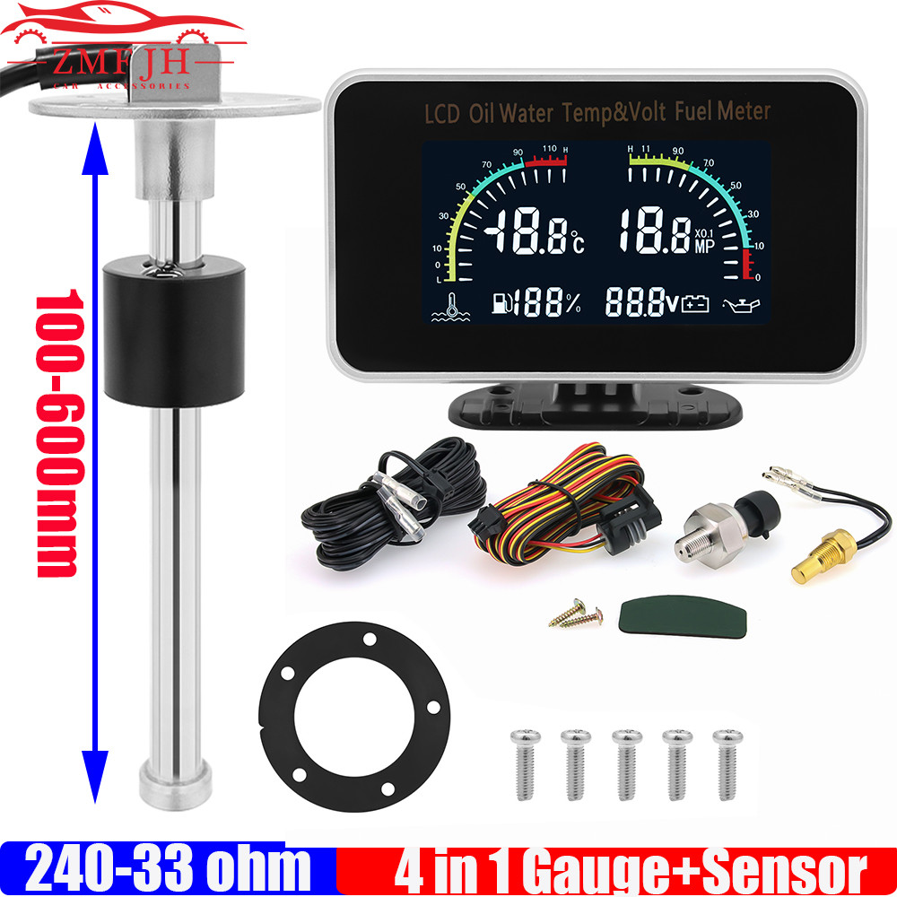 Terbaru 2026 240-33ohm Fuel Level Sensor 100-500mm MultiMeter with Alarm Fuel Level Gauge+Water Temp
