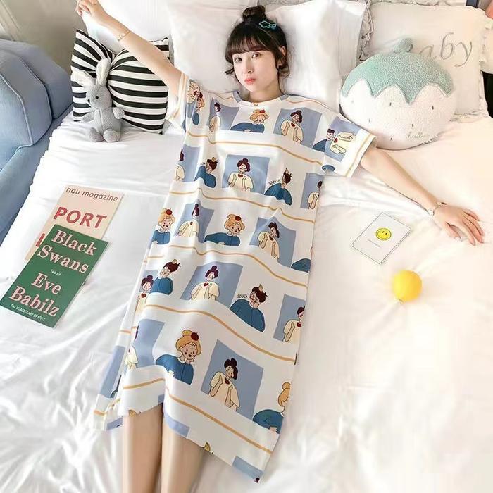 New JIBJIB Baju Tidur Daster Piyama Wanita Kaos Selutut Lengan Pendek Perempuan Dewasa Remaja PY007