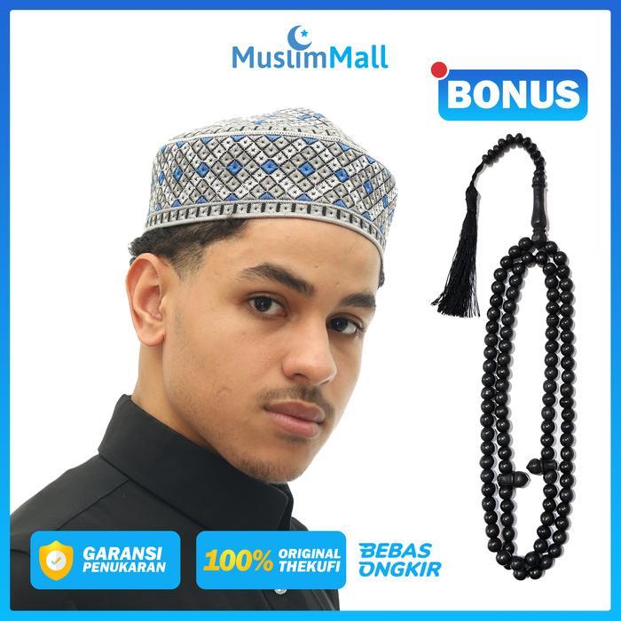 Peci Pakistan Abu-abu Bordir Putih Biru Kopiah Pakistani Ori - TheKufi