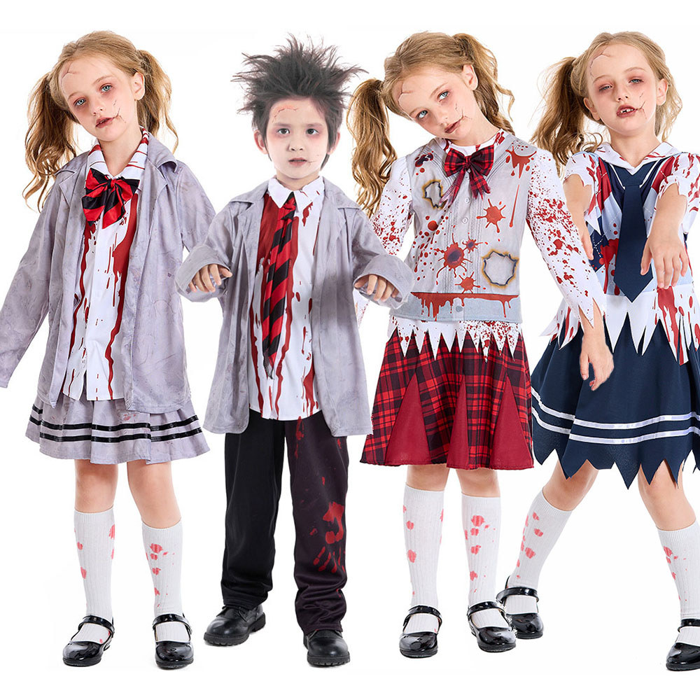 Girls Zombie School Costume Uniform Child Vampire Costume Outfits Scary Halloween Costume For Kids
