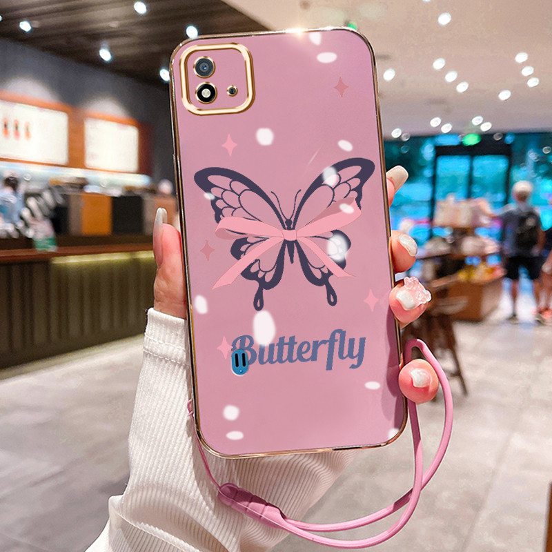 Casing Hp Untuk Realme C20 C20A C11 2021 C11 2020 Case Pink butterfly ribbon pelapisan Kekinian Cesi