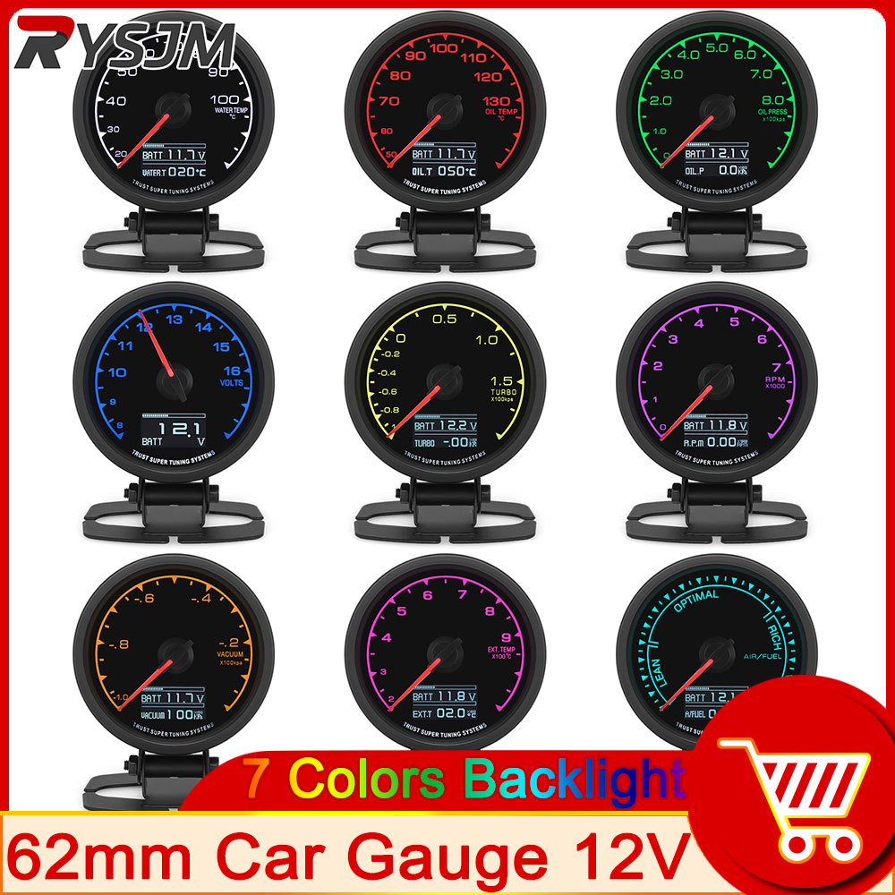 TURBO BOOST GAUGE 62MM 7 COLORS CAR METER MULTI DIGITAL DISPLAY AFR WATER TEMP GAUGE TACHOMETER OIL
