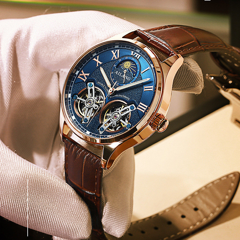 AILANG Double Tourbillon Design Business Men Mechanical Watch Fashion Leather Moon Phase Automatic