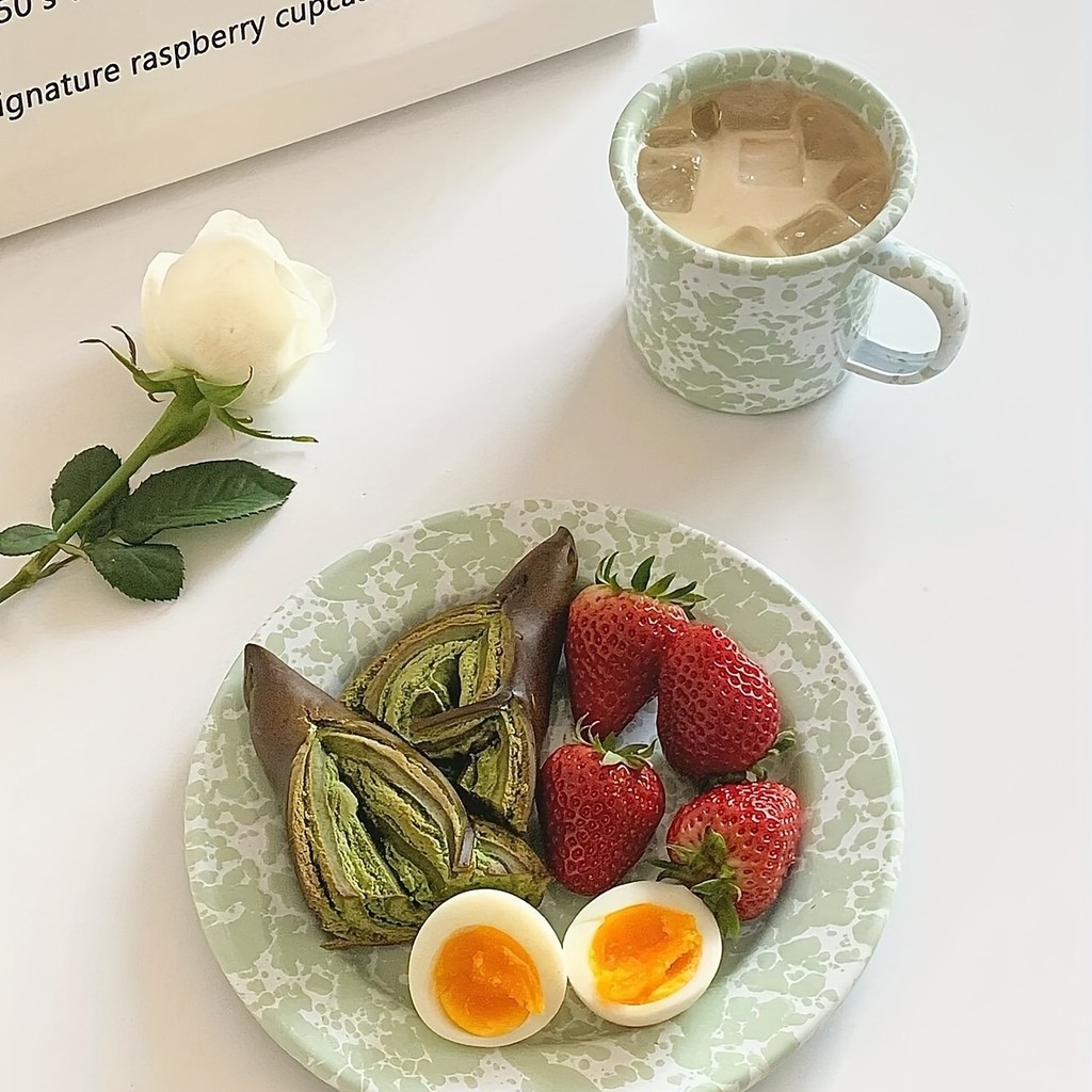Set peralatan makan enamel percikan tinta antik, piring mug enamel