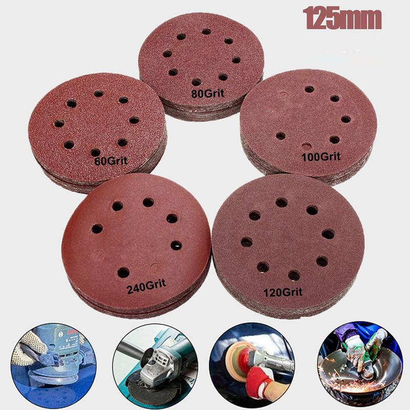 10 Buah 125Mm Cakram Pengamplasan Bentuk Bulat Lembaran Pengilap Amplas 8 Lubang Bantalan Pemoles Sa