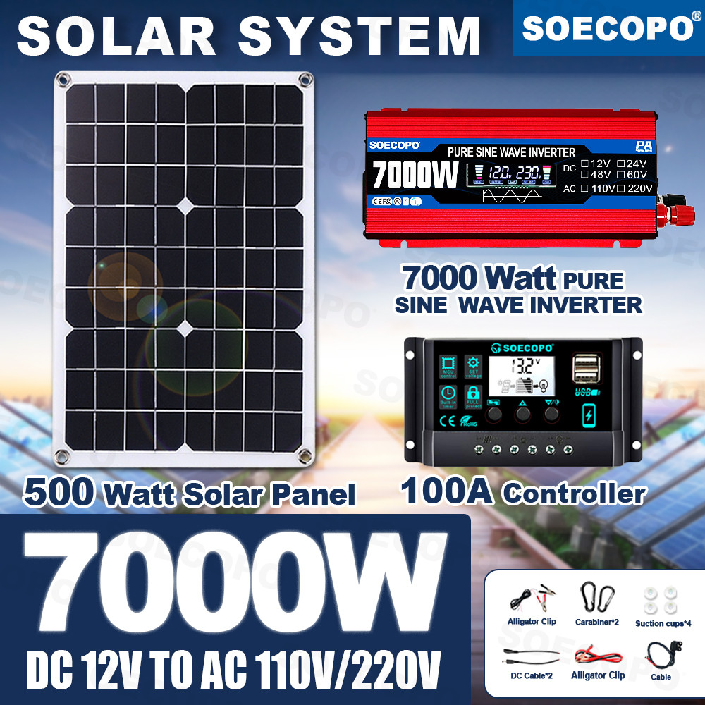SOECOPO 7000W Solar Power System Kit 500W Solar Panel Pure Sine Wave Inverter 12V To 110V 220V 100A