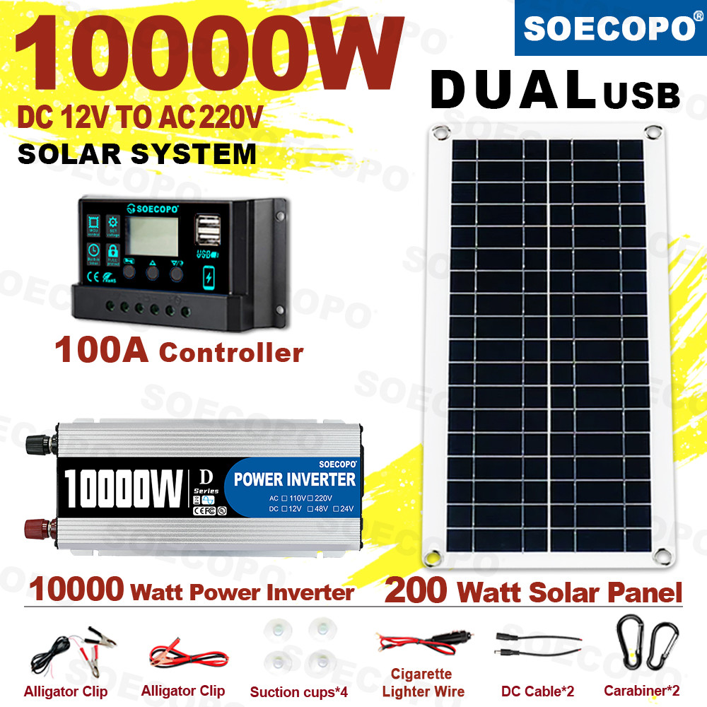Solar System 10000W Complete Kit 12V To 220V 100A Controller 200W Panel Solar Power Generator for