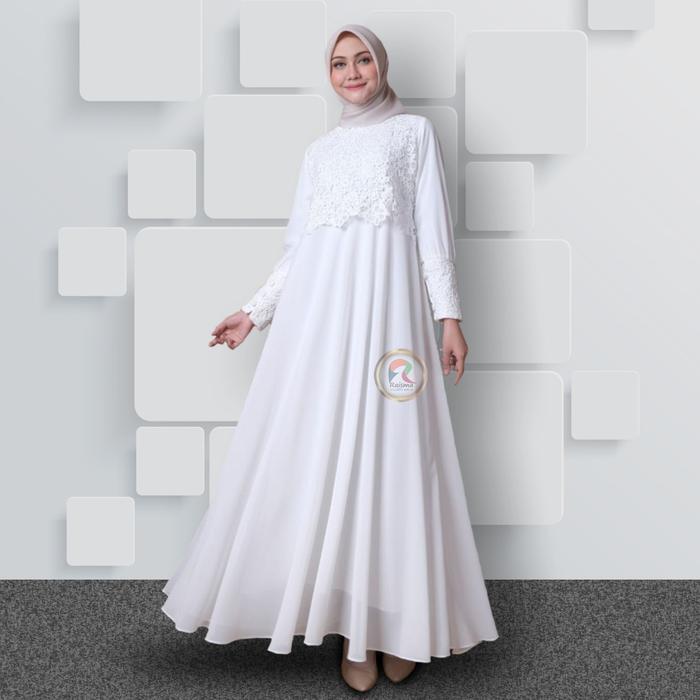 Raisma - Gamis Dress Putih Tulang Lebaran Cantik Dan Elegan Baju Gamis Putih Wanita Terbaru
