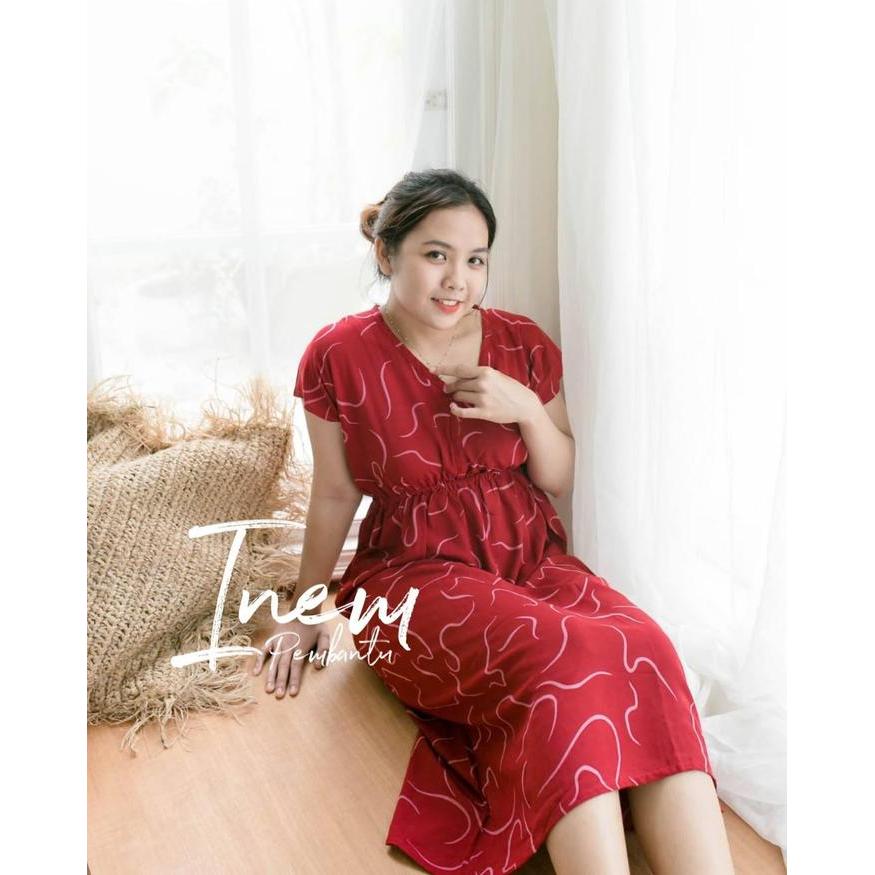 TERLARIS DASTER MANOHARA MOTIF CACING LEHER V NECK RAYON NYAMAN KAIN KARET PANJANG TIDUR