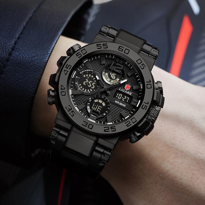 Licarr Jam Tangan Pria Olahraga Analog-Digital Santai Anti Air Kuarsa Multifungsi Jam Tangan Keren