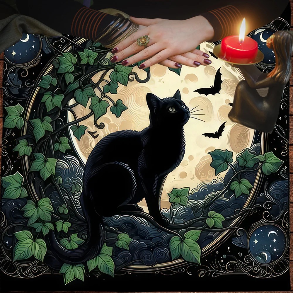 Witchcraft Black Cat Tarot Card Tablecloth Altar Cloth Moon Starry Sky Divination Tarot Mat Decor