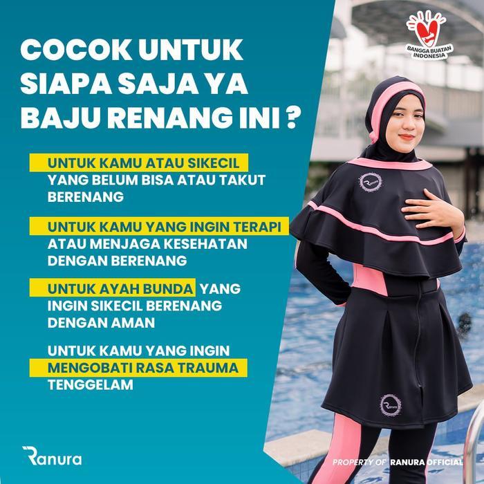 Baju Renang Pelampung Wanita Muslimah Ranura Proswim Hijab Dewasa Panjang Syari Black Pink Busa