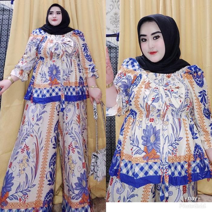 TERLARIS Setelan Luna Bahan Rayon Diamond Celana Model kulot tangan Balon