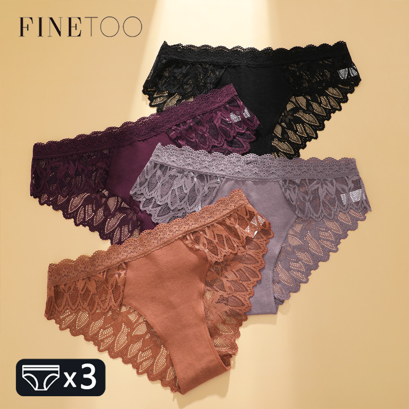 Finetoo 3Pcs Lace Hollow Out Underwear For Women Low-Waist Floral Briefs Female Invisible Breathable