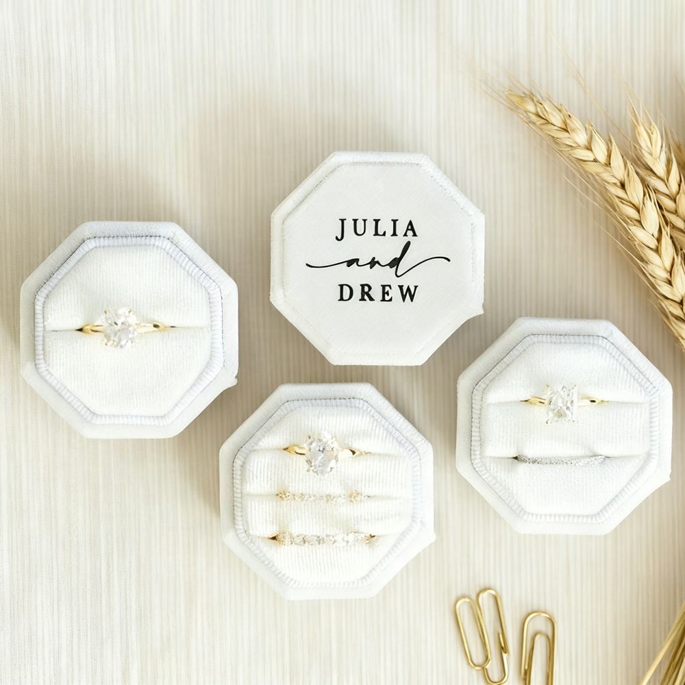 Personlized Wedding Velvet Ring Box Engagement Triple Slot Octagon Ring Box Modern Wedding
