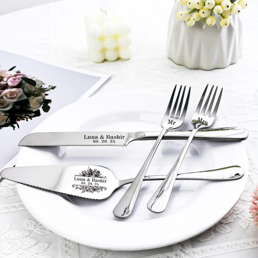 Personalized Wedding Cake Knife Fork 4 of Set Custom Cake Knife Fork with Box for Wedding