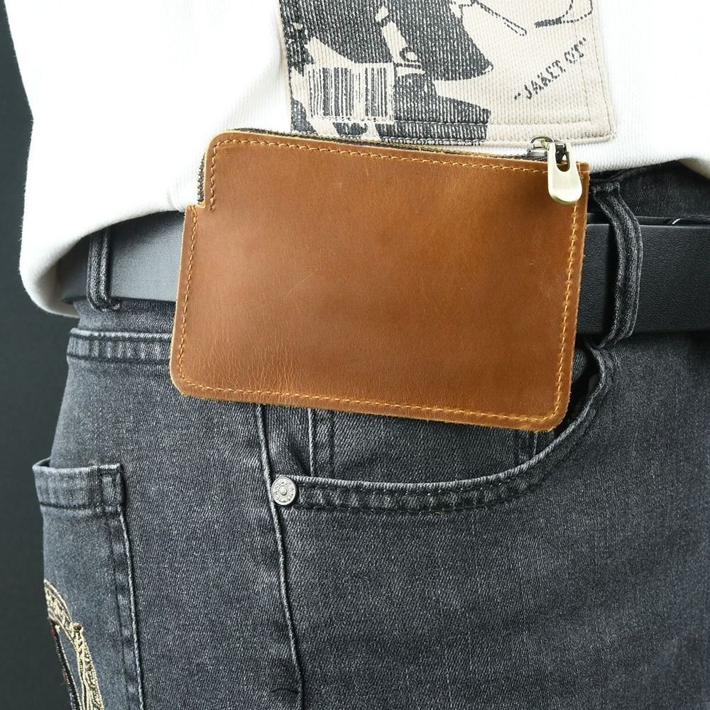 Genuine Leather Men's Short Wallet Ultrathin with Belt Loop Belt Hanging Money Pouch Lightweight