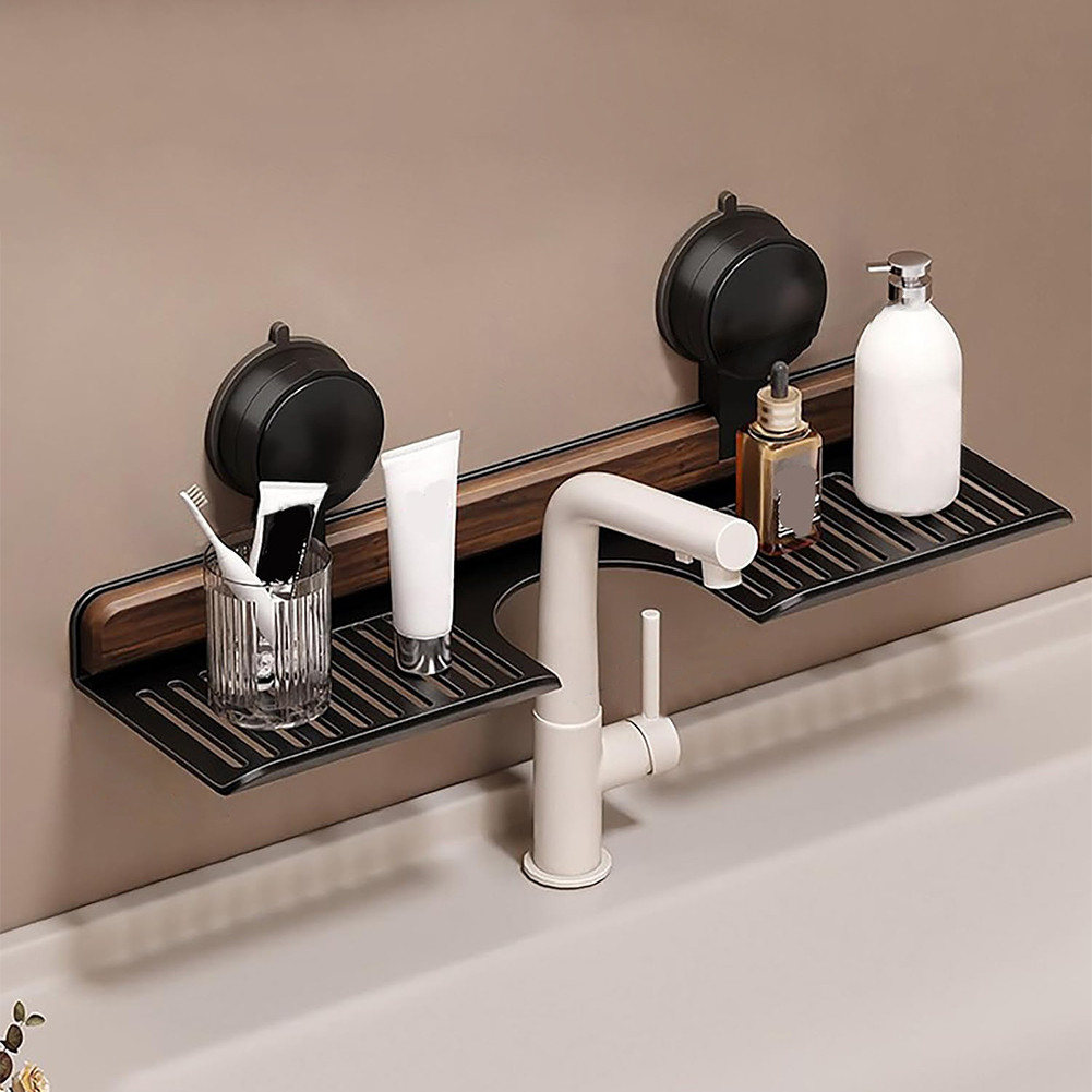 Walnut Suction Cup Bathroom Shelf Faucet Organizer Rack No Drilling Wall Mounted Sink Shelf for