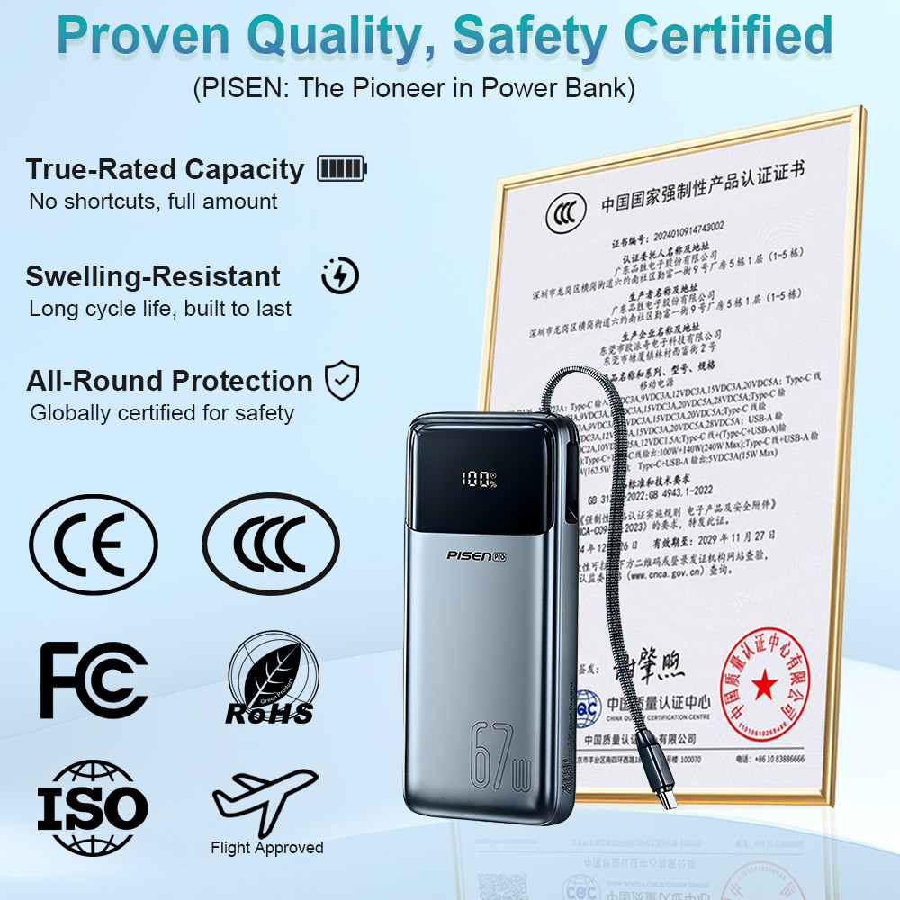 PISEN 20000mAh 67W Power Bank With Fast Charging Cable CCC External Battery For 65W Laptops/ 45W