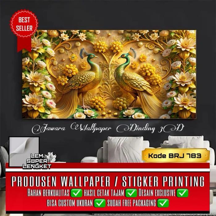 Stiker Dinding 3D Wallpaper Burung Merak Emas Elegan Mewah Stiker Dekorasi Hiasan Dinding 3D Stiker