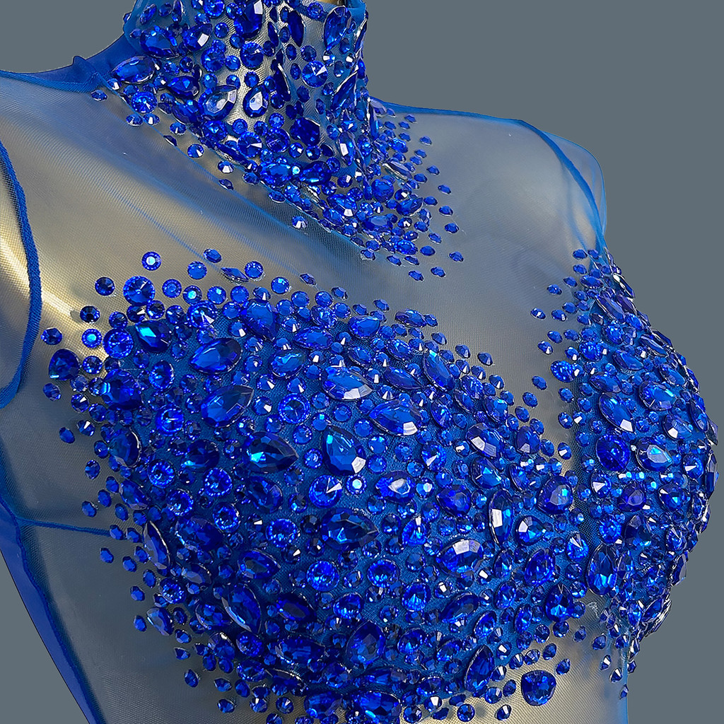 Women Sexy Blue Rhinestone Transparent Short Dress Dancer Prom Show Costume Evening Birthday