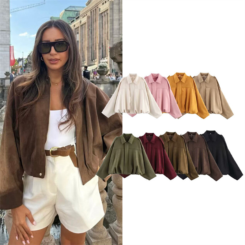 Women Faux Suede Bomber Jacket Turn-down Collar Side Zipper Long Sleeves Spring Autumn Vintage