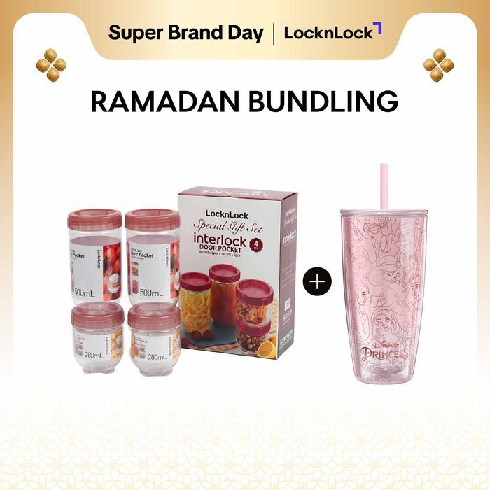 LocknLock Ramadan Practical Gift Bundle Toples Interlock Door Pocket 4P + Botol Minum Double Wall