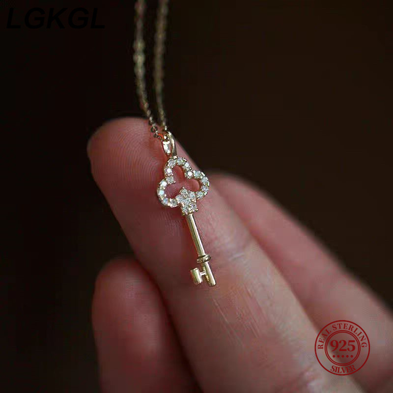 LGKGL Light Luxury 925 Sterling Silver Plated 14K Gold Zircon Key Pendant Choker Necklace Female