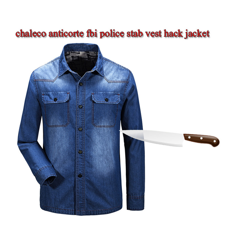 Anti-Cut And Stab-Resistant Plus Size Men Denim Shirt Self-Defense Military Tactics Invisible Police