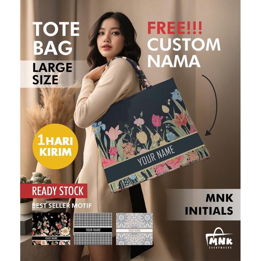 TOTEBAG NAMA Tas kanvas MNK bag Initial Large size Bisa Custom Nama - Ukuran 41x36x20 cm - Tote,