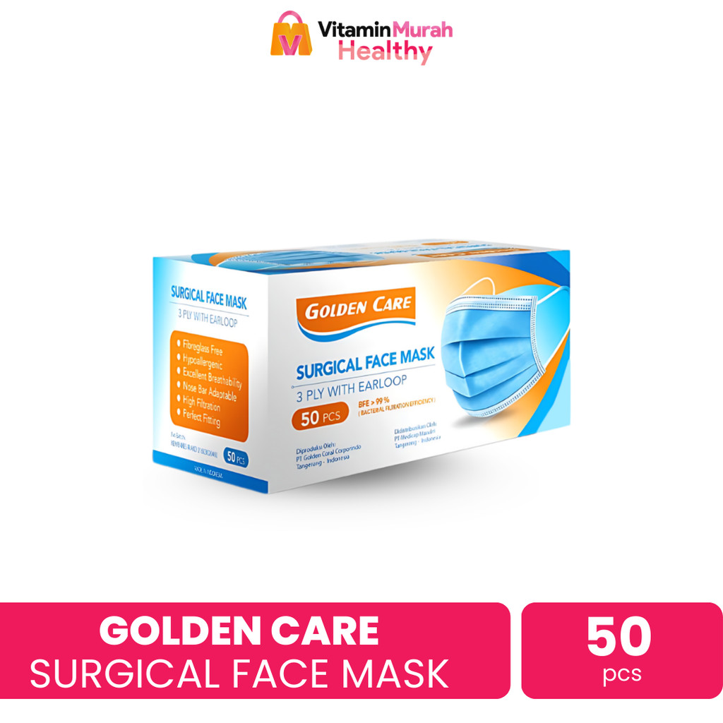 MASKER GOLDEN CARE 3 PLY WITH EARLOOP BFE 99 % 1 BOX ISI 50 PCS
