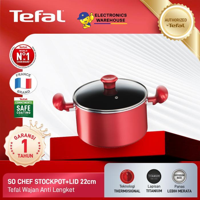Tefal Wajan Panci Induksi Anti Lengket So Chef Stock Pot 22cm + Tutup Warna Merah dengan Lapisan