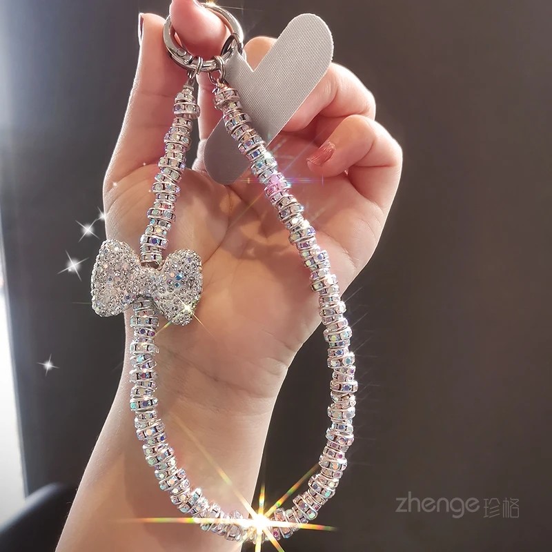 Full Diamond Bow Pendant Mobile Phone Lanyard, High-end Luxury Crystal Diamond Small Women's Mobile