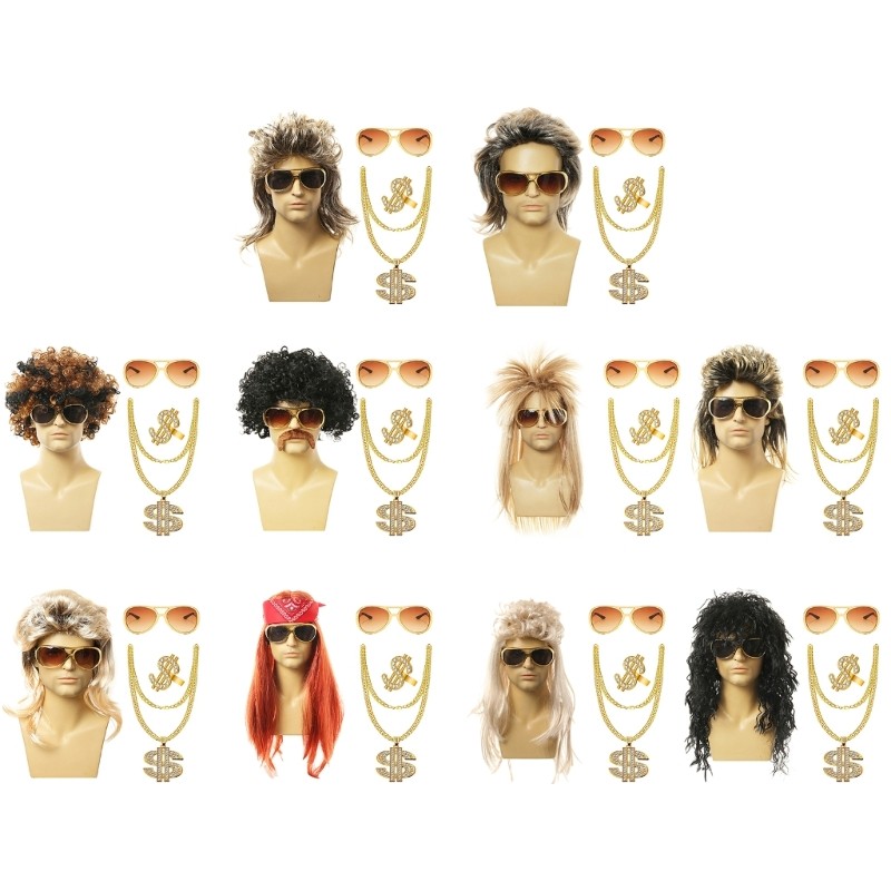 80S Disco Costume Set For Men Women 80S Costume Accessories Hippie Es Necklace Curly Rock Wig 80S