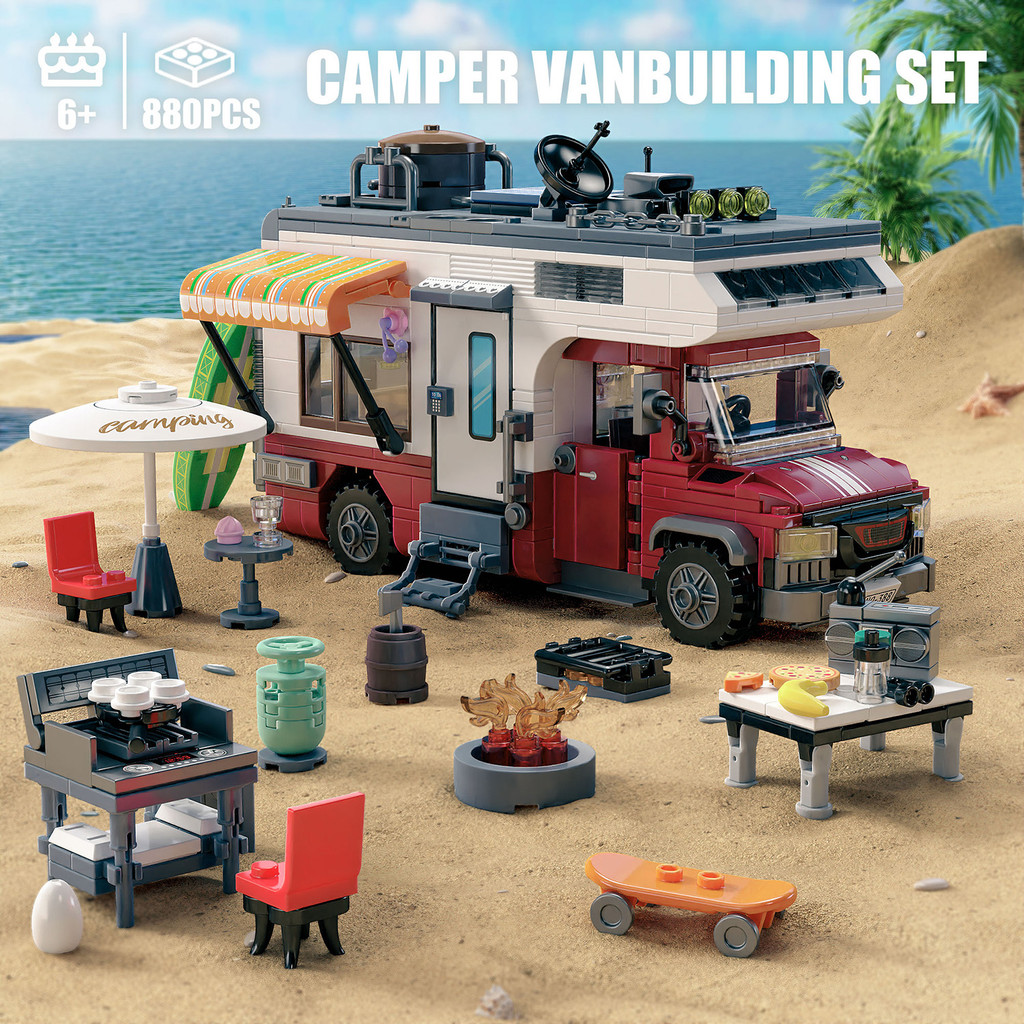 924PCS Camper Van Building Blocks Set Assembly Puzzle Bricks Model with LED Light Desktop Decoration