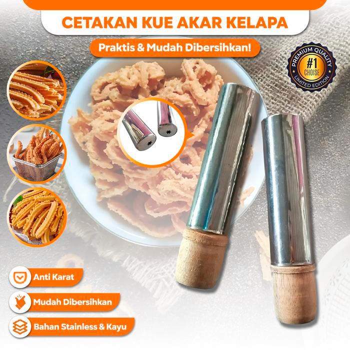 Alat Cetakan Stainless Steel Kue Tradisional Akar Kelapa Dorongan Gagang Kayu Pencetak Kue Bentuk