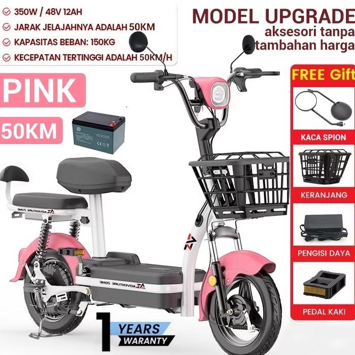 DL sepeda listrik dewasa Sepeda Motor Listrik 48v 12ah sepeda listrik Dengan Pedal - PINK 50 Km