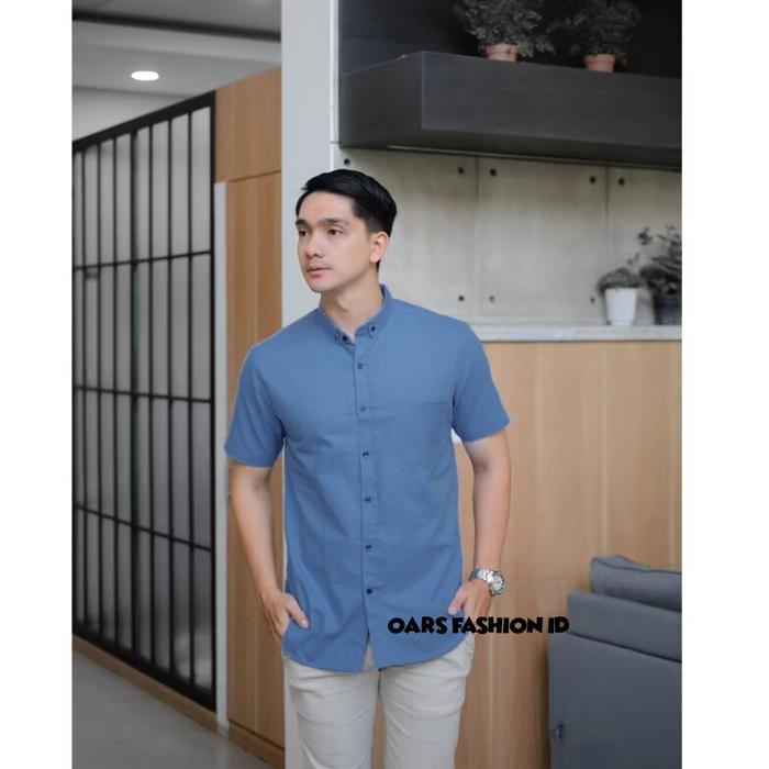 Kemeja Polos Warna Denim Bahan Katun Lengan Panjang Pendek Pria Casual Slimfit Jumbo Hem Cowok Baju