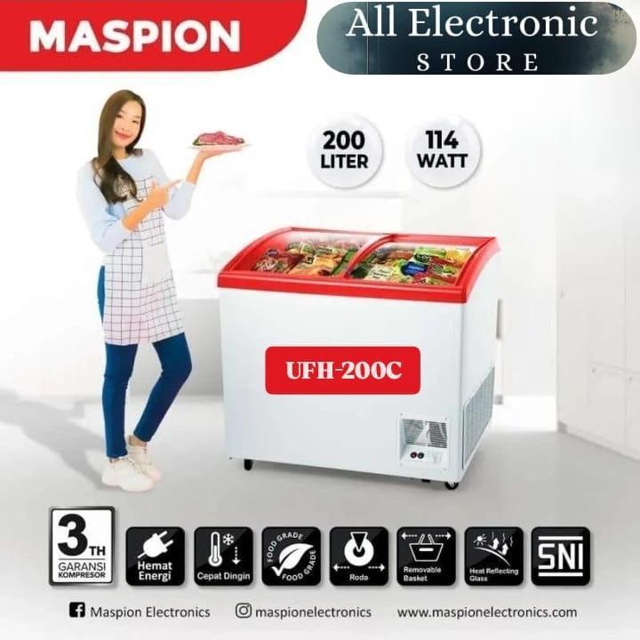 Maspion Freezer Kaca Sliding 200 Liter UFH-200C Kulkas Cepat Dingin dengan Kunci Pengaman & Roda Kak