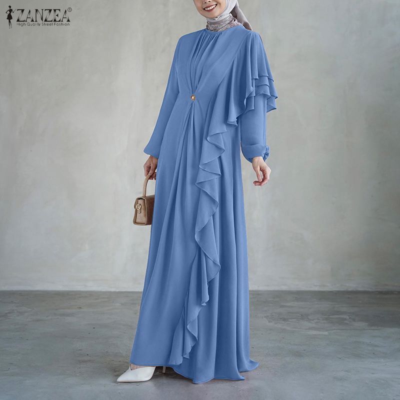 ZANZEA 2026 Women Elegant Long Sleeve Ruffled Dress Muslim Abaya Dress Ramadan Dubai Hijab Sundress