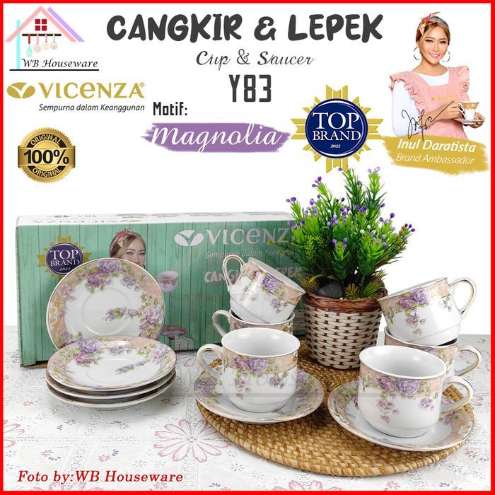 VICENZA cangkir set teh kopi 6 pasang motif magnolia / tea set coffee / gelas keramik / cappucino