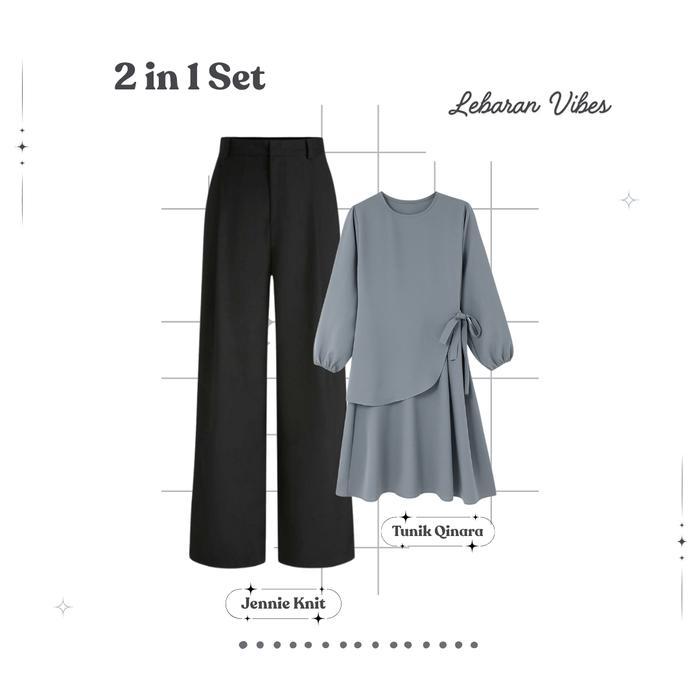 One Set Lebaran Wanita Atasan Tunik Wanita + Celana Highwaist + Hijab Pasmhmina Setelan Lebaran