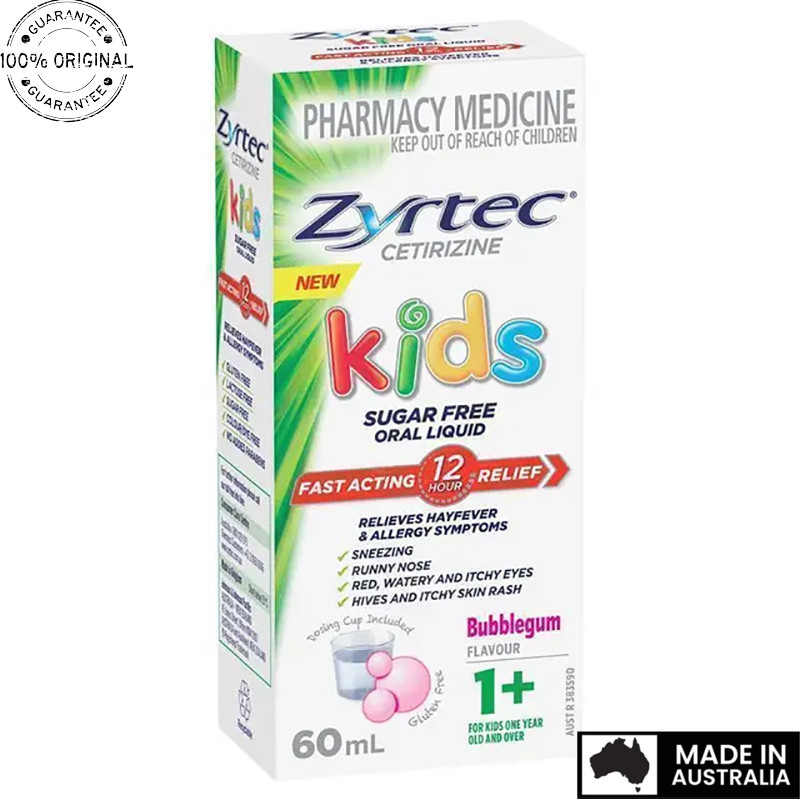 Aussie Original Zyrtec Kids Antihistamine Allergy & Hayfever Oral Liquid Bubblegum 60ml