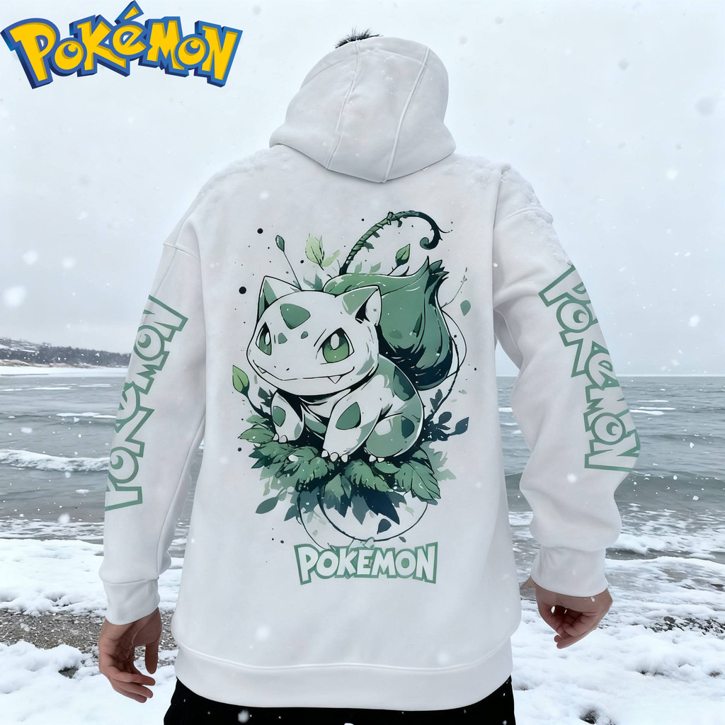 White Cotton Pokemon Hoodie with Green Character Back Print and Leaf Pattern Design Long Sleeve