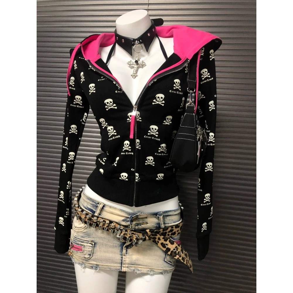 2000s Y2k Gothic Punk Skeleton Print Cardigan Contrast Hooded Sweatshirt Jacket Women Spring Autumn