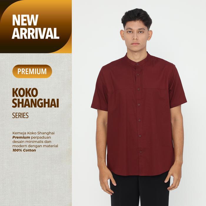 Erigo Koko Shanghai Premium Short Sleeve Rasyid Maroon - Baju Koko Lengan Pendek Premium Katun Linen
