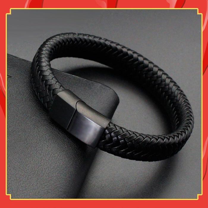 Hitam Gelang Kulit Tenun Pria Gelang Pria Keren Gelang Kulit Stainless Perhiasan Gelang