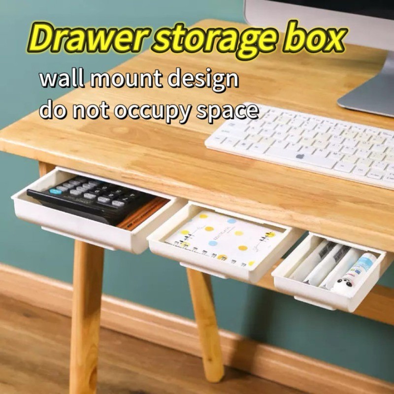 Under Desk Storage Box Invisible Self-Adhesive Type Tray Hidden Table Under Storage Drawers for